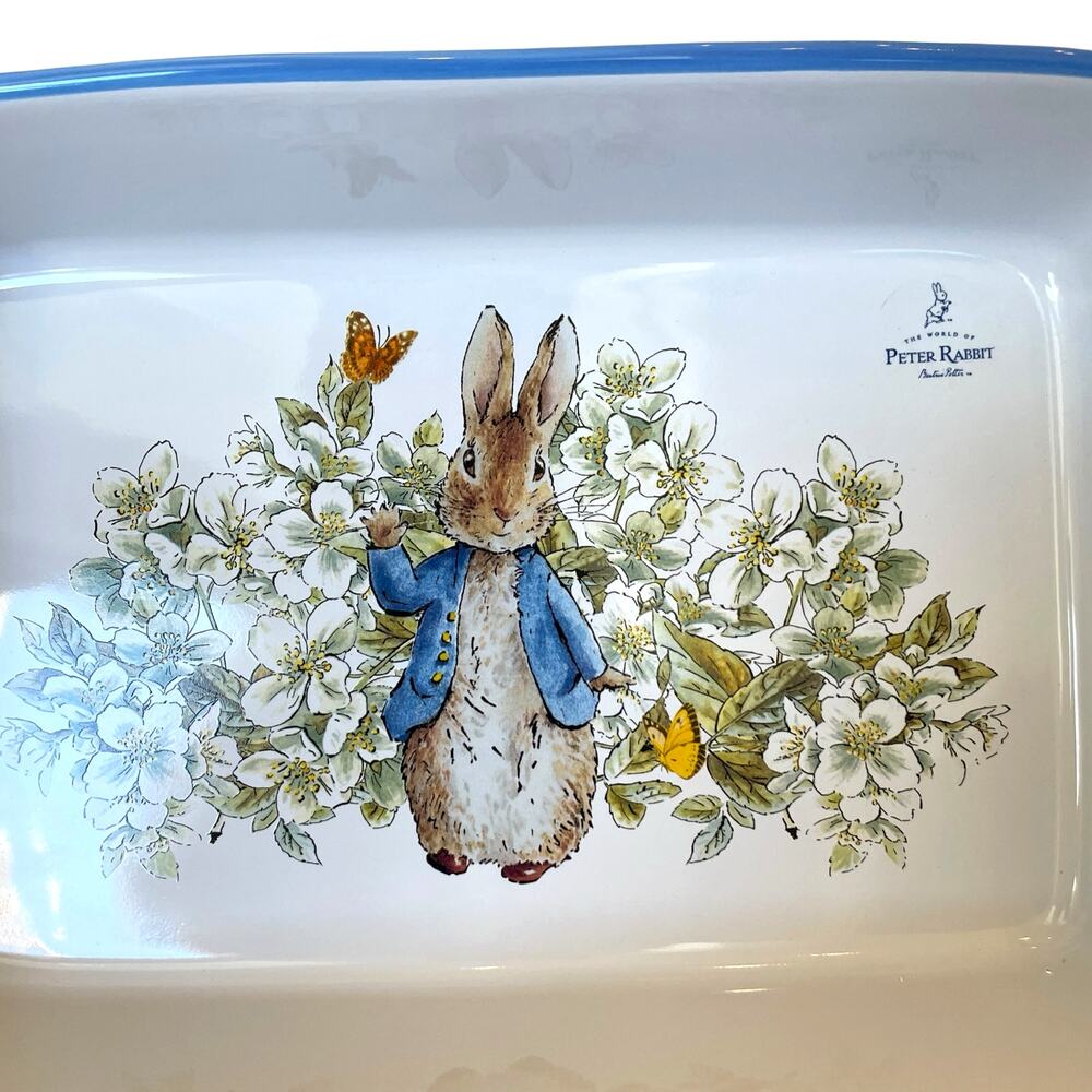 Beatrix Potter Peter Rabbit Rectangular Ceramic Baker Blue Rim Easter  NEW - Picture 3 of 15